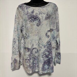 Chicos Sweater 1 M Blue Silver Paisley Metallic Artsy Knit Statement Boho Chic